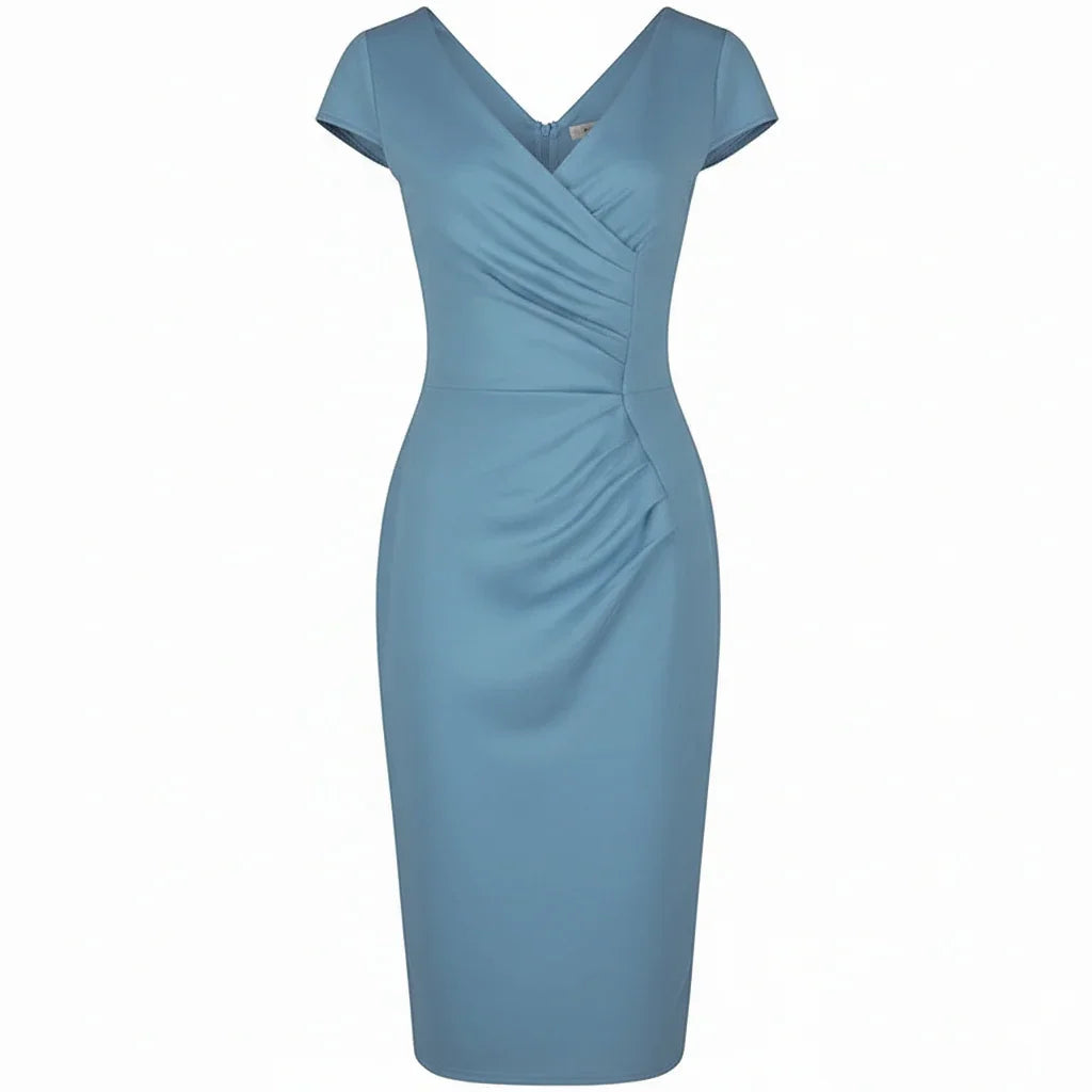 Summer Blue Cap Sleeve Crossover Top Bodycon Wiggle Pencil Dress