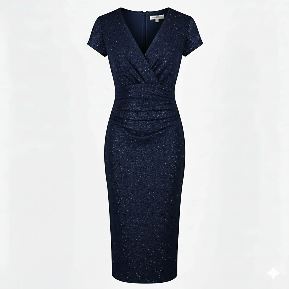 Navy Blue Diamante Embossed Sparkle Deep V Cap Sleeve Bodycon Ruched Waist Wiggle Dress