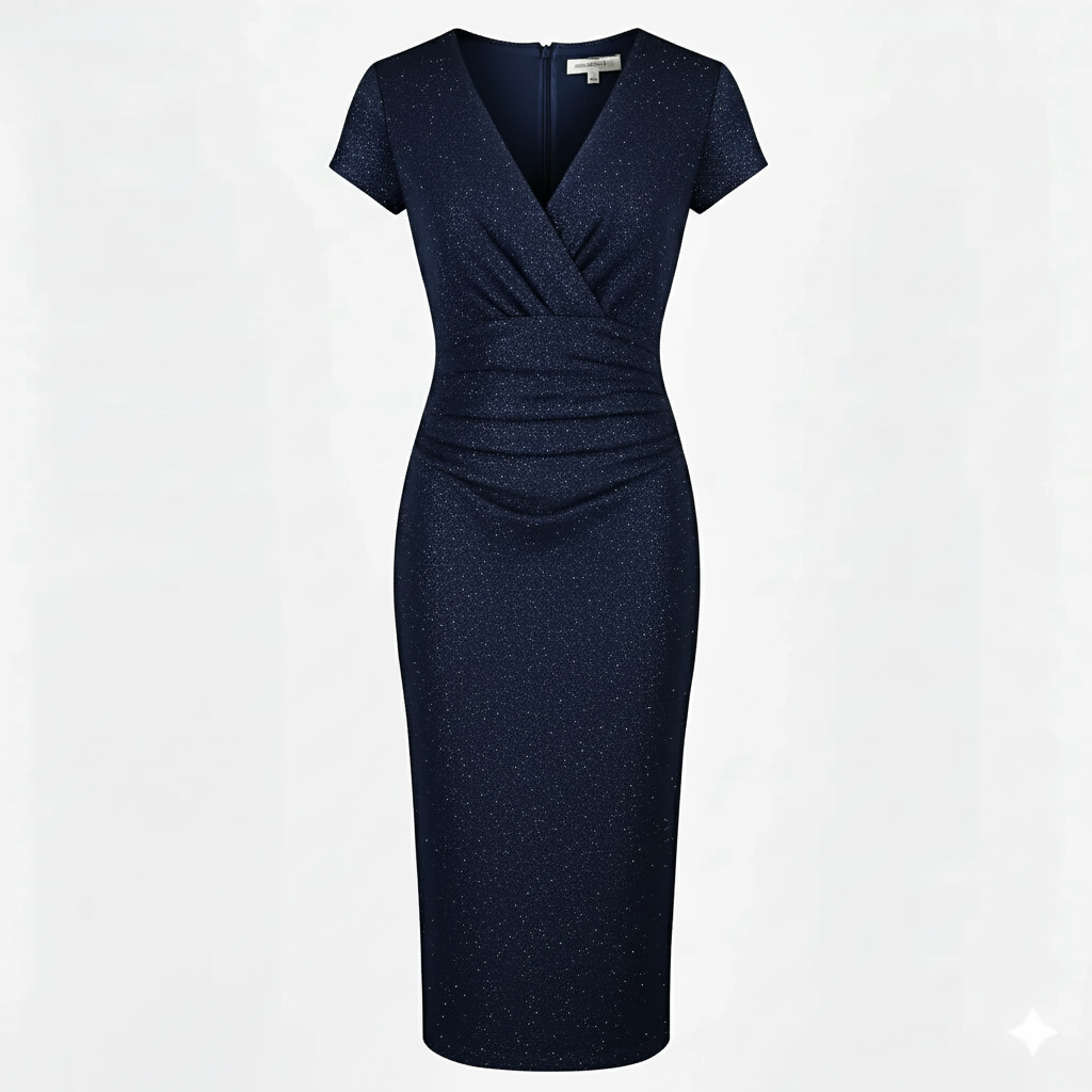 Navy Blue Diamante Embossed Sparkle Deep V Cap Sleeve Bodycon Ruched Waist Wiggle Dress