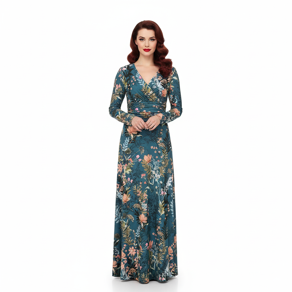 Teal Green Floral Long Sleeve Maxi Dress