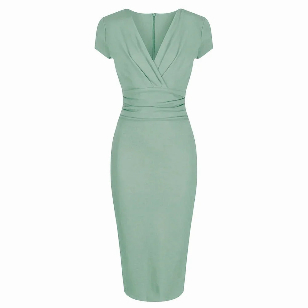 Sage Green Deep V Neck Cap Sleeve Ruched Waist Bodycon Wiggle Dress