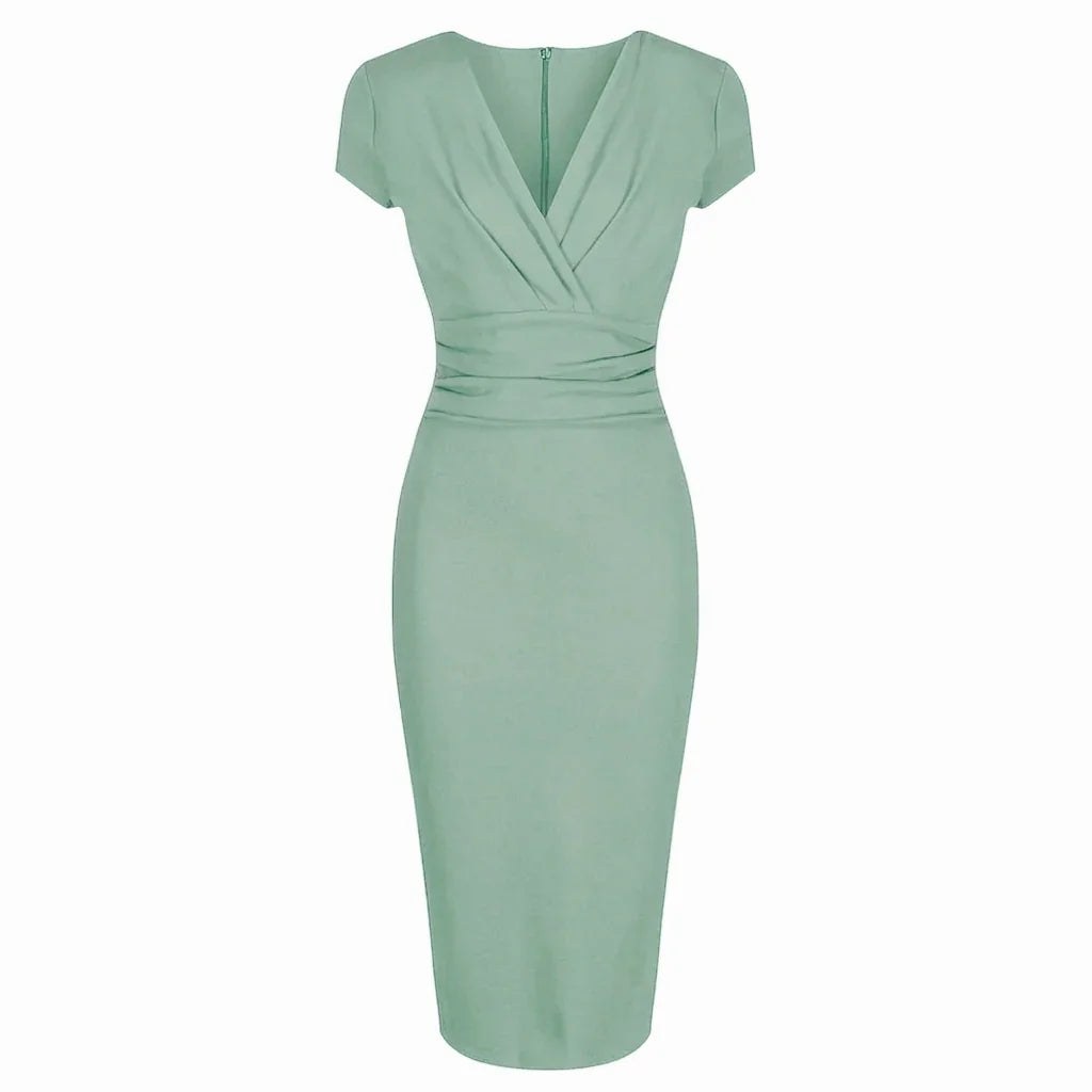 Sage Green Deep V Neck Cap Sleeve Ruched Waist Bodycon Wiggle Dress