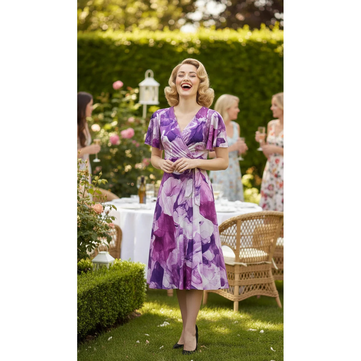 Purple And White Floral Print Wrap Over Fit And Flare Swing Dress