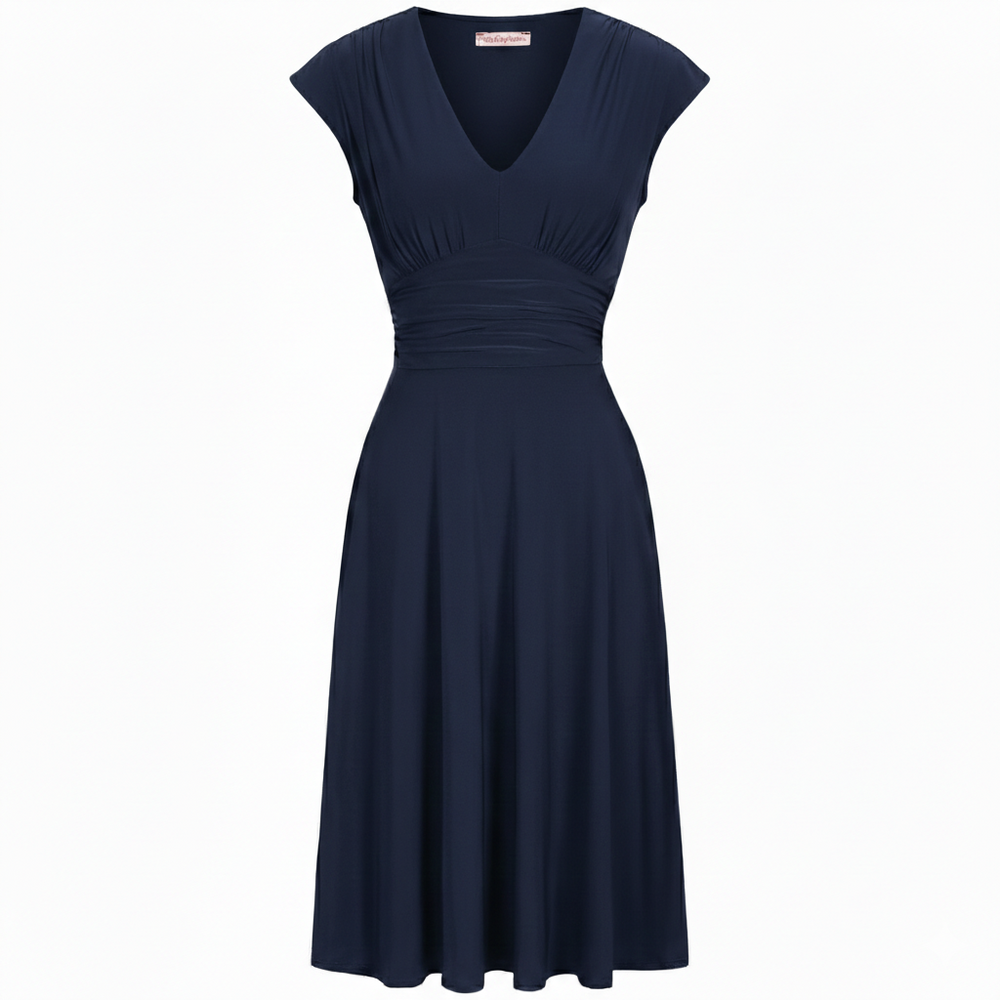 Navy Cap Sleeve Ruched Deep V Neck Dress