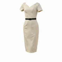 Ivory Belted Short Sleeve 1940s Wiggle Dress - Pretty Kitty Fashion