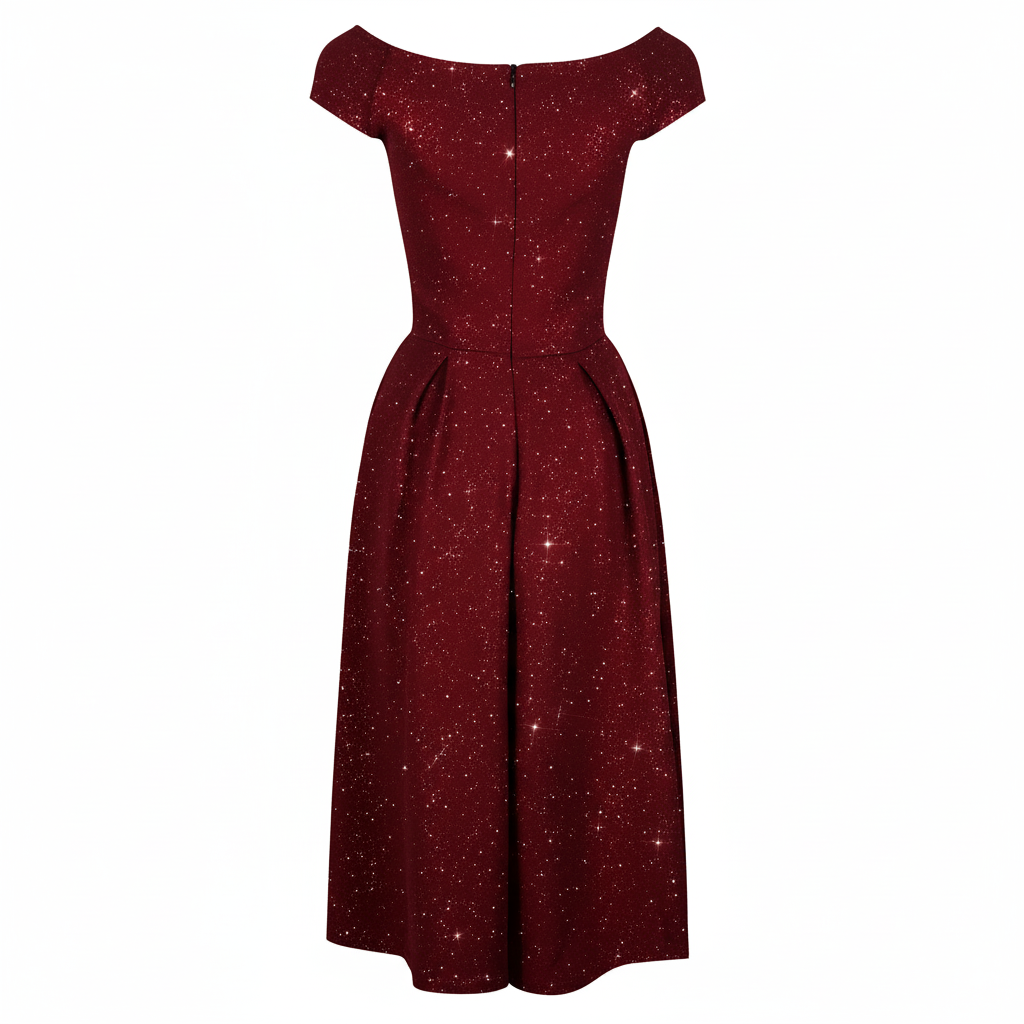 Wine Red Sparkly Glitter Crossover Bust Bardot Style 50s Swing Dress