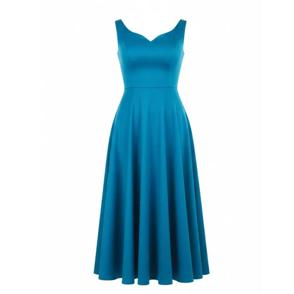 Vintage Teal Blue Sleeveless V Neck Swing Dress
