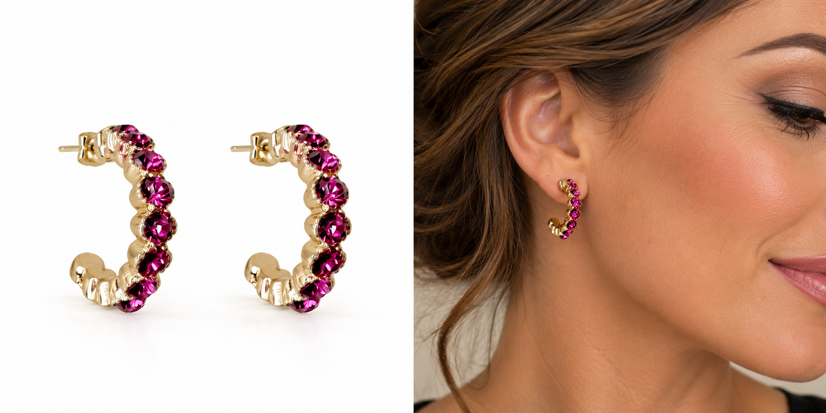 Gialla crystal half hoop pink earrings