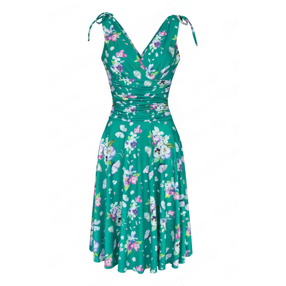 Green Floral & Butterfly Print Crossover Top Grecian Style 50s Swing Dress