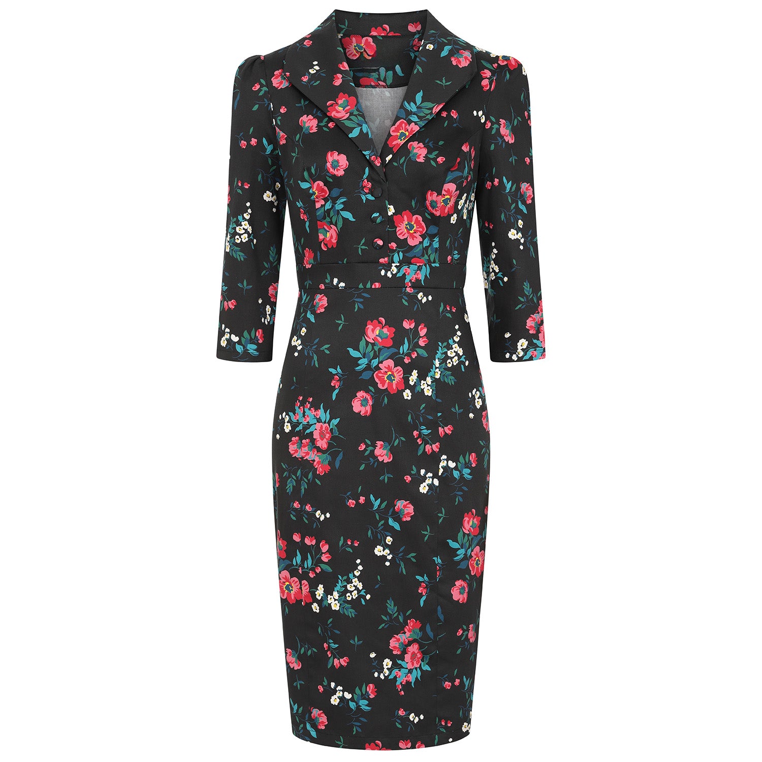 Black Collared Wiggle Dress in a Pink, White & Green Floral Print