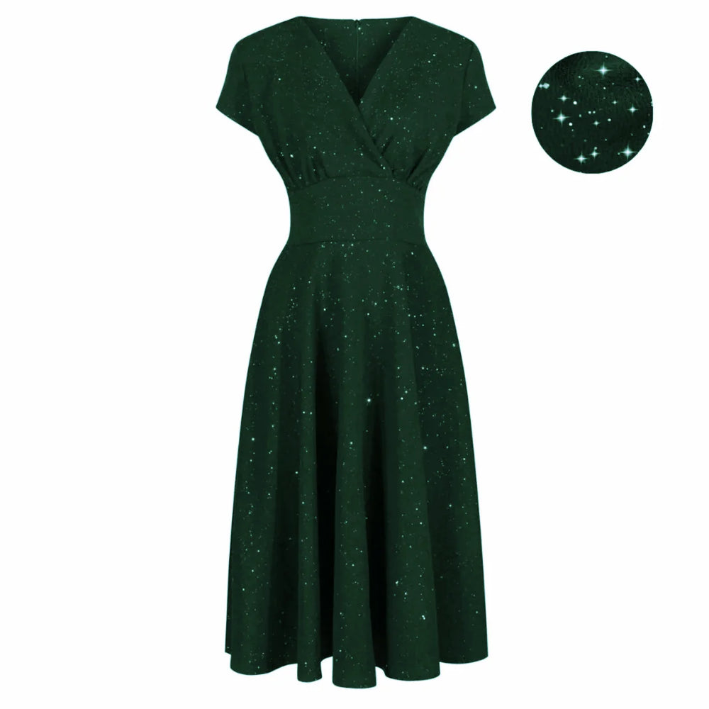 Forest Green Sparkly Glitter A Line Crossover Top Capped Sleeve Tea Swing Dress