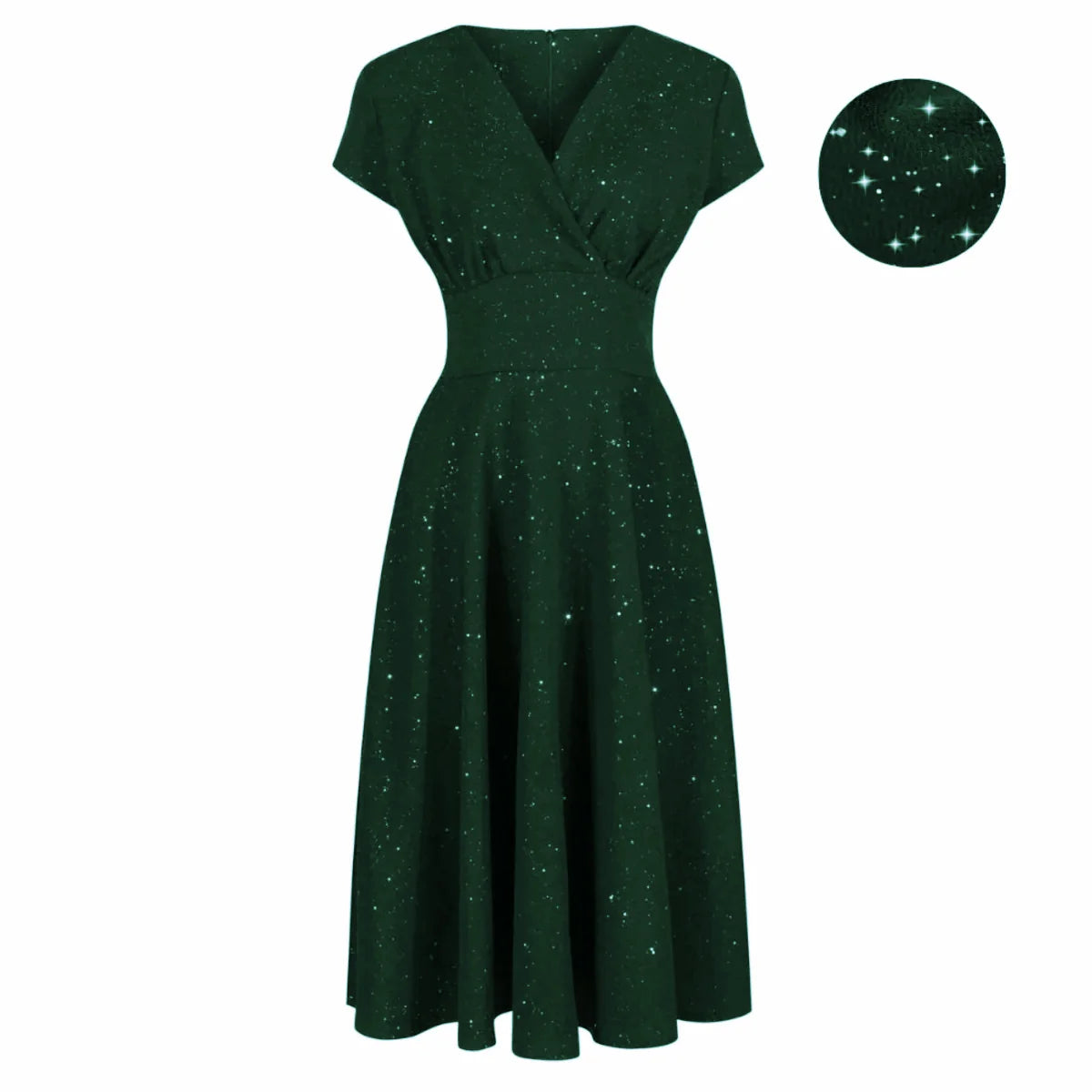 Forest Green Sparkly Glitter A Line Crossover Top Capped Sleeve Tea Swing Dress