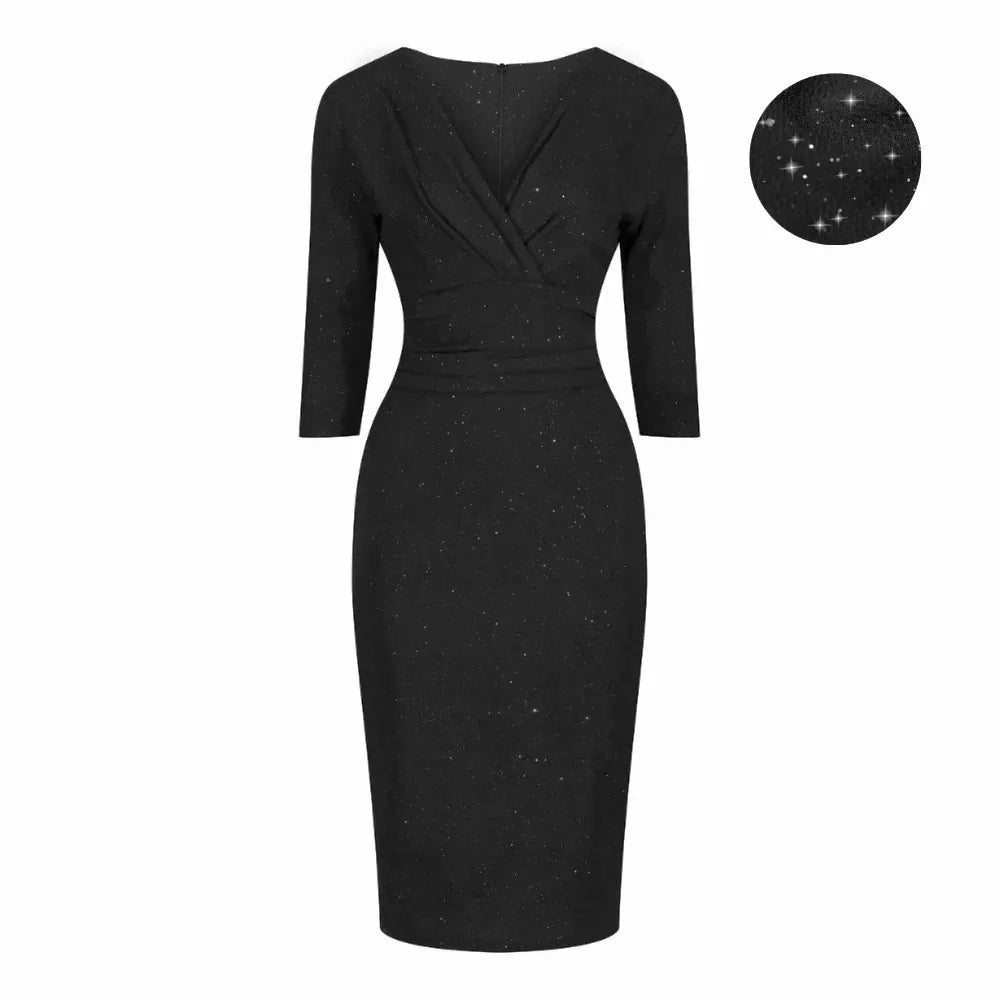 Navy Blue Silver Sparkle Deep V 3/4 Sleeve Bodycon Ruched Waist Wiggle Party Dress - Pretty Kitty Fashion