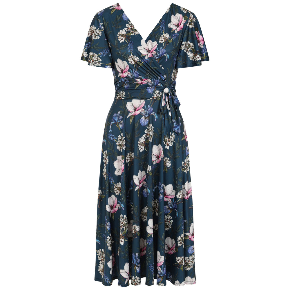 Navy Blue Floral Print Cap Sleeve V Neck Wrap Top Swing Dress