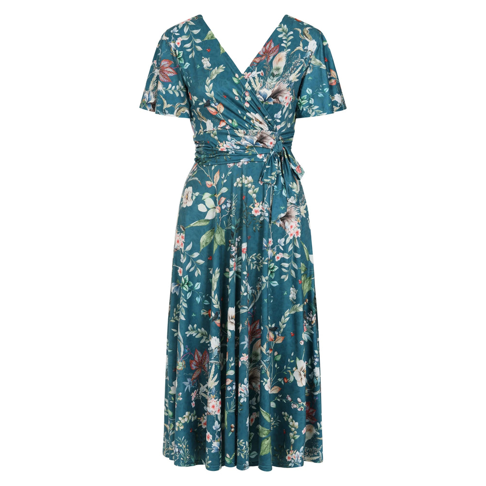 Teal Green Floral Wildlife Print Cap Sleeve V Neck Wrap Top Swing Dress