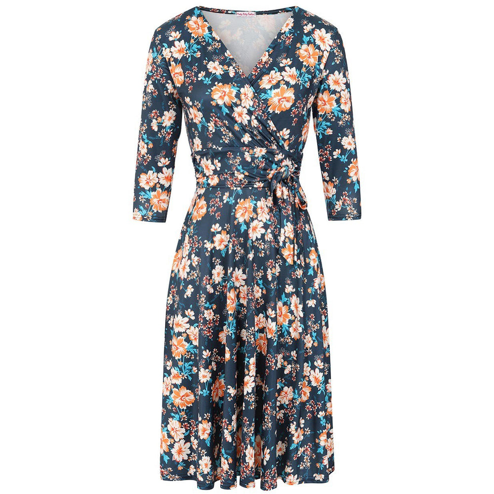 Navy Multi Floral Print 3/4 Sleeve Crossover Vintage Swing Dress