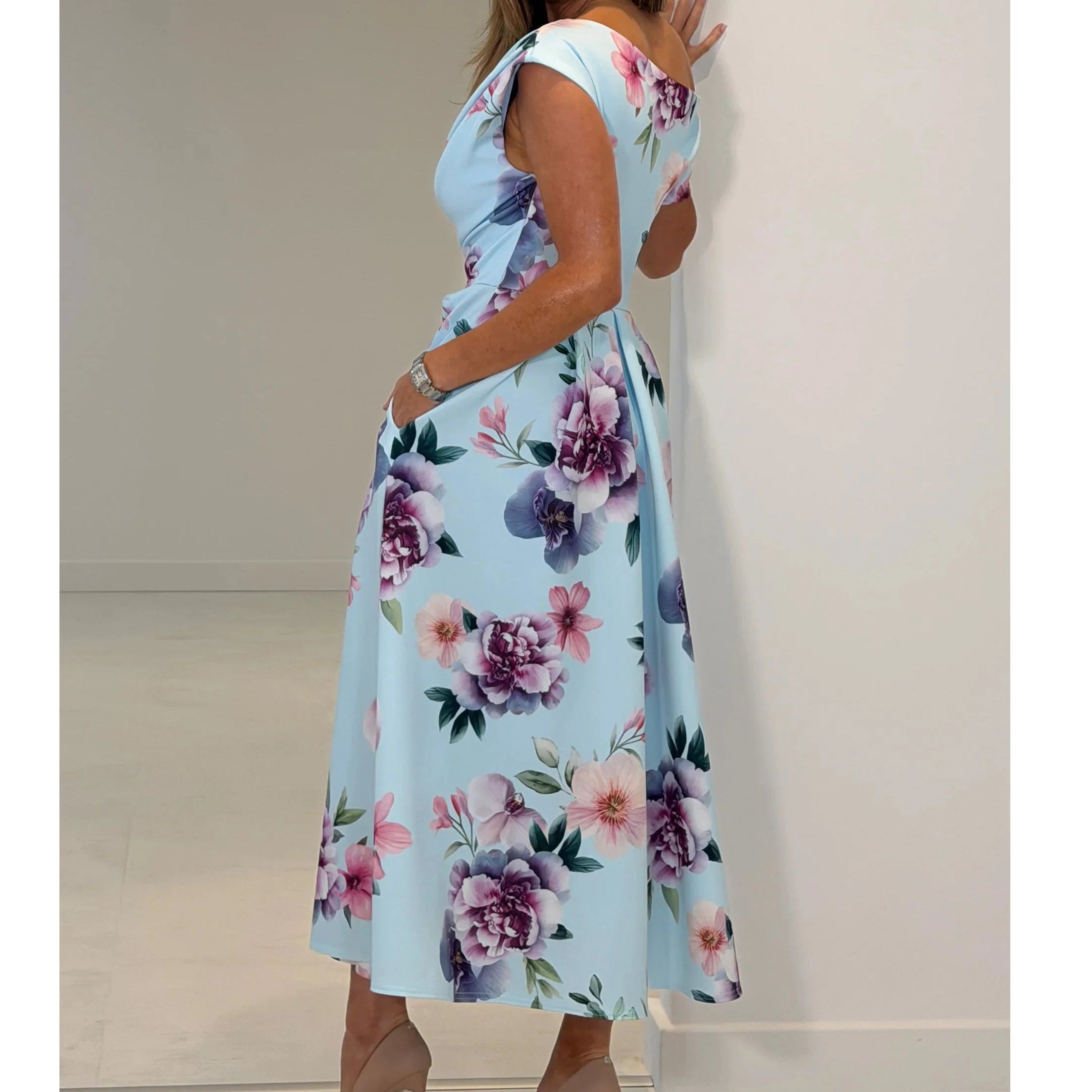 Asymmetric Off Shoulder Blue Floral Midi Dress With Pockets