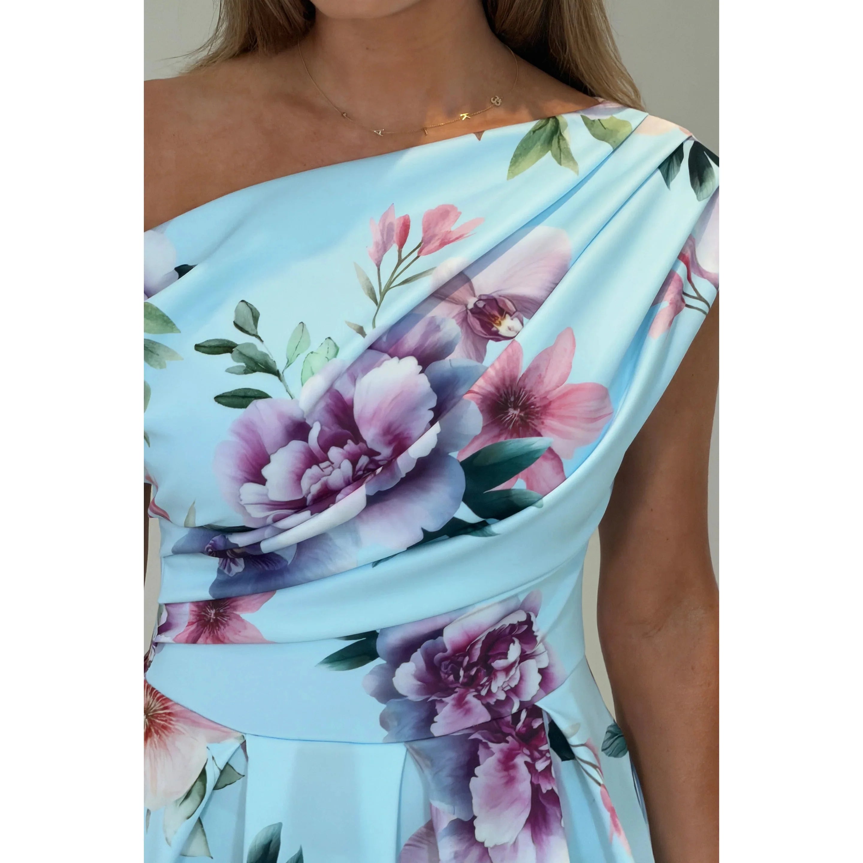 Asymmetric Off Shoulder Blue Floral Midi Dress With Pockets – Pretty