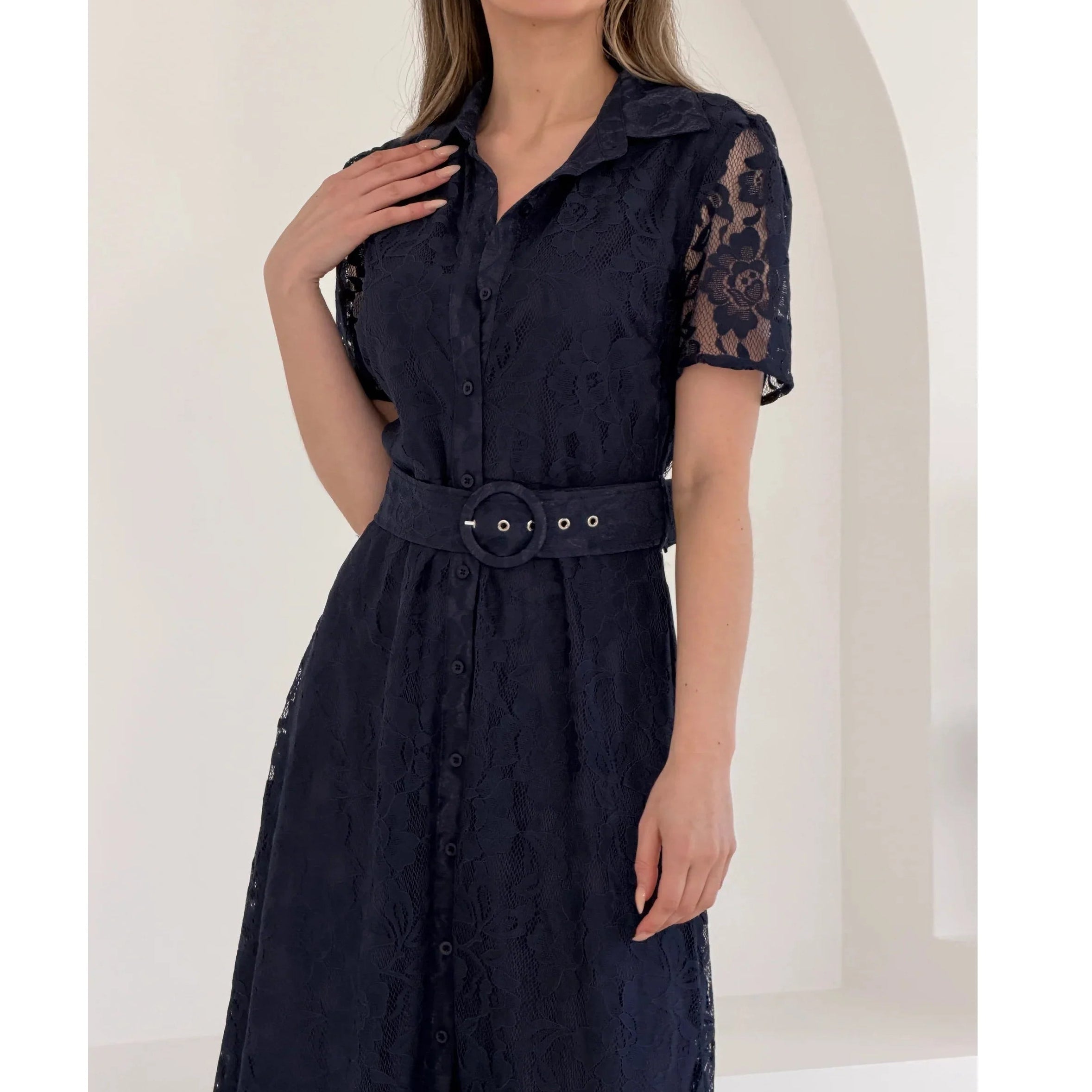 Navy Lace Short Sleeve Button Shirt Midi Tea Dress