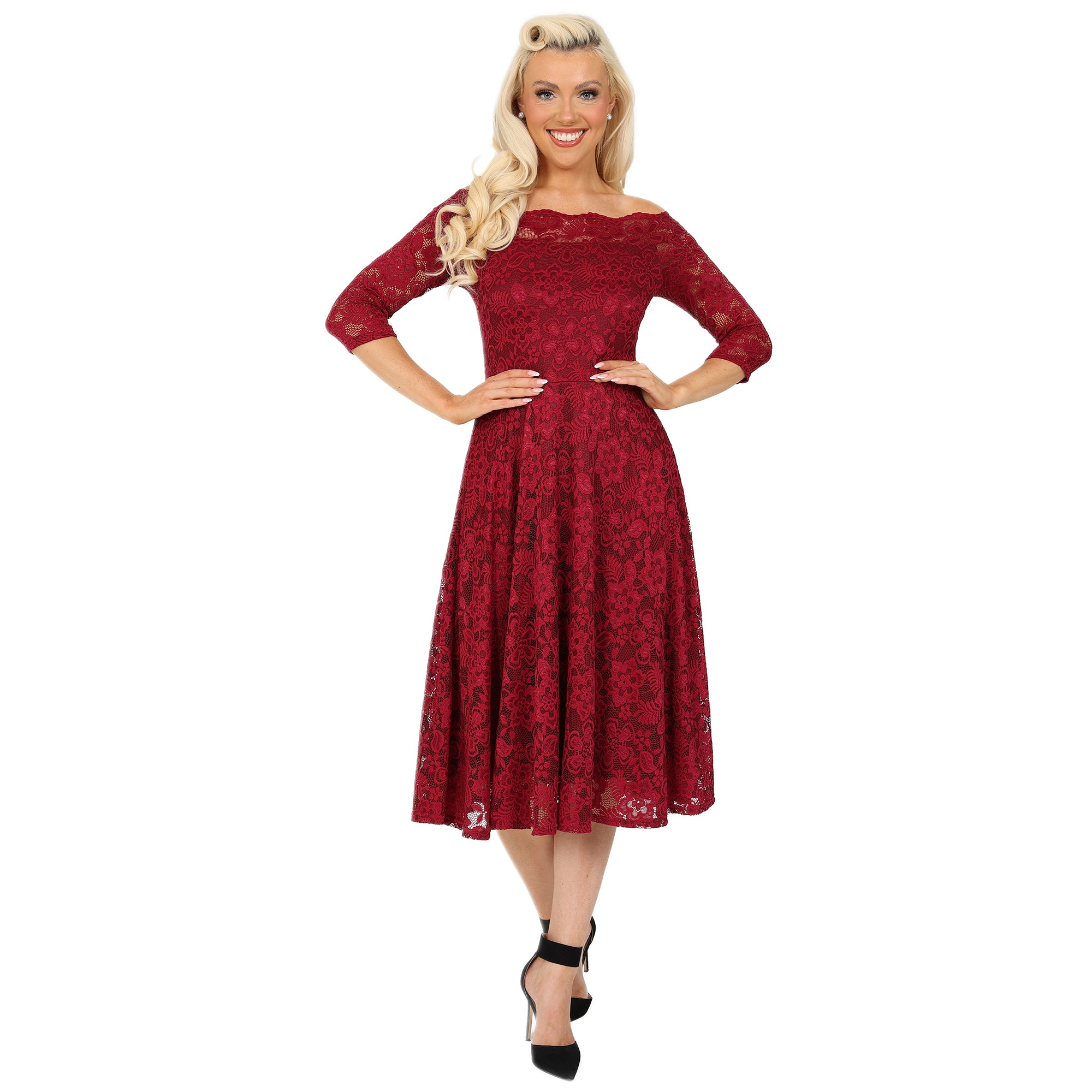 Wine Red Lace Vintage Style Swing Dress With 3/4 Sleeves & Boat Neck