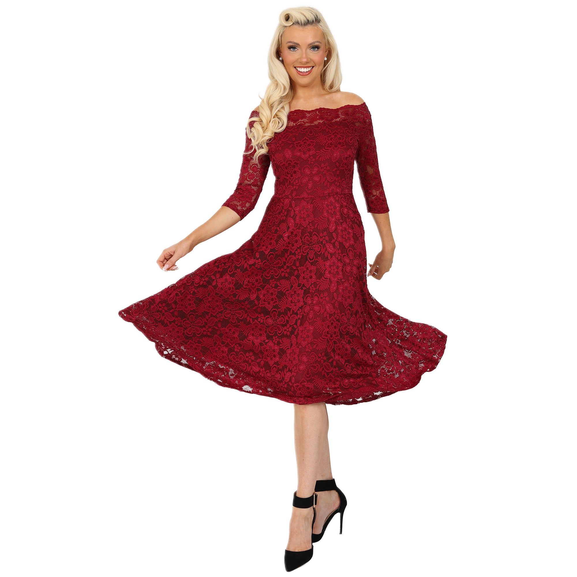 Wine Red Lace Vintage Style Swing Dress With 3/4 Sleeves & Boat Neck