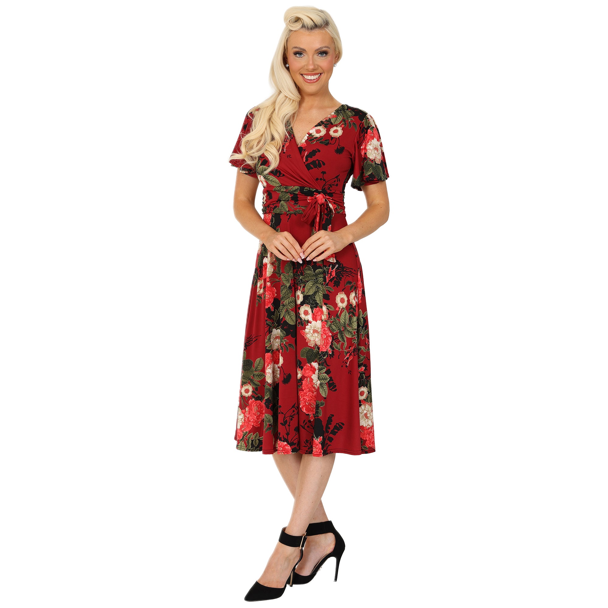 Red Wine Floral Print Cap Sleeve V Neck Wrap Top Swing Dress