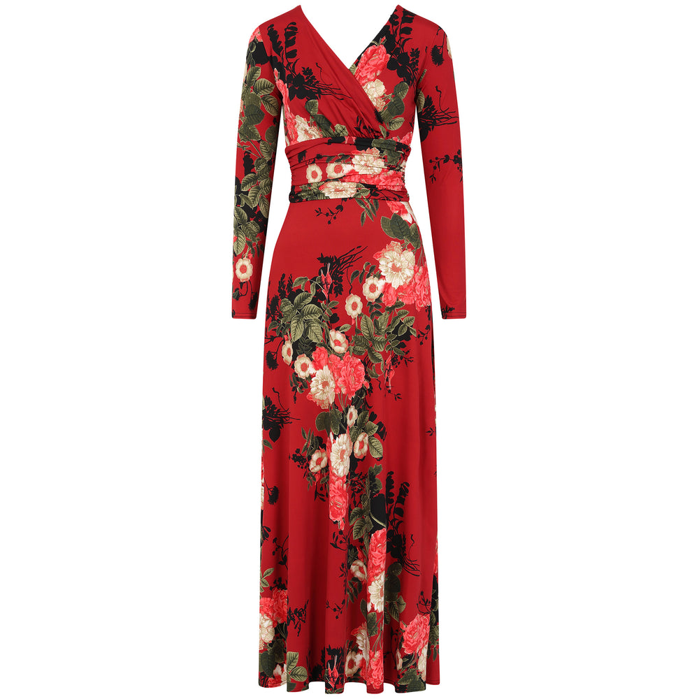 Wine Red Floral Long Sleeve Maxi Dress