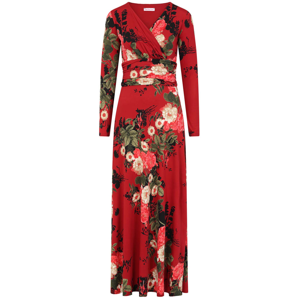 Wine Red Floral Long Sleeve Maxi Dress