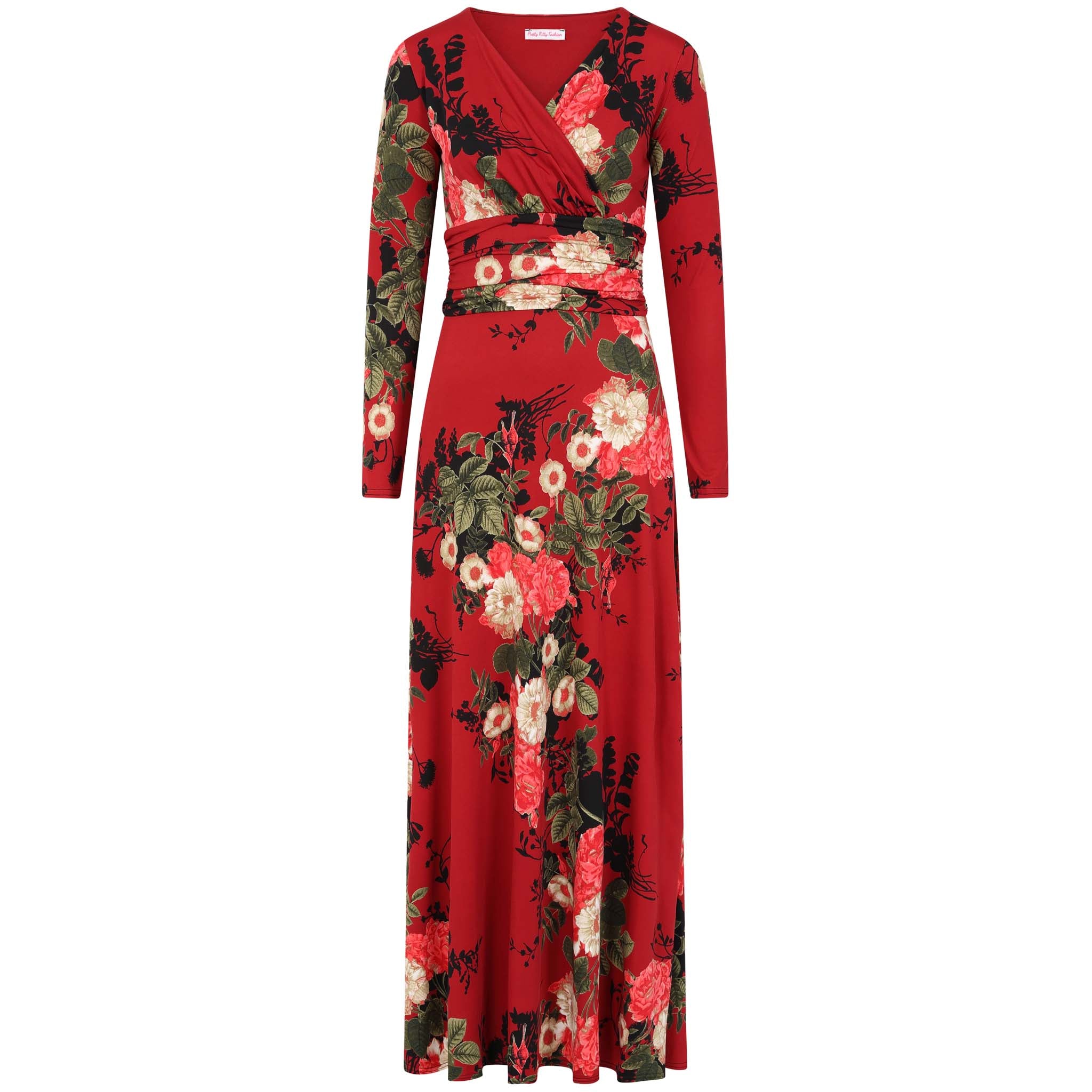 Wine Red Floral Long Sleeve Maxi Dress