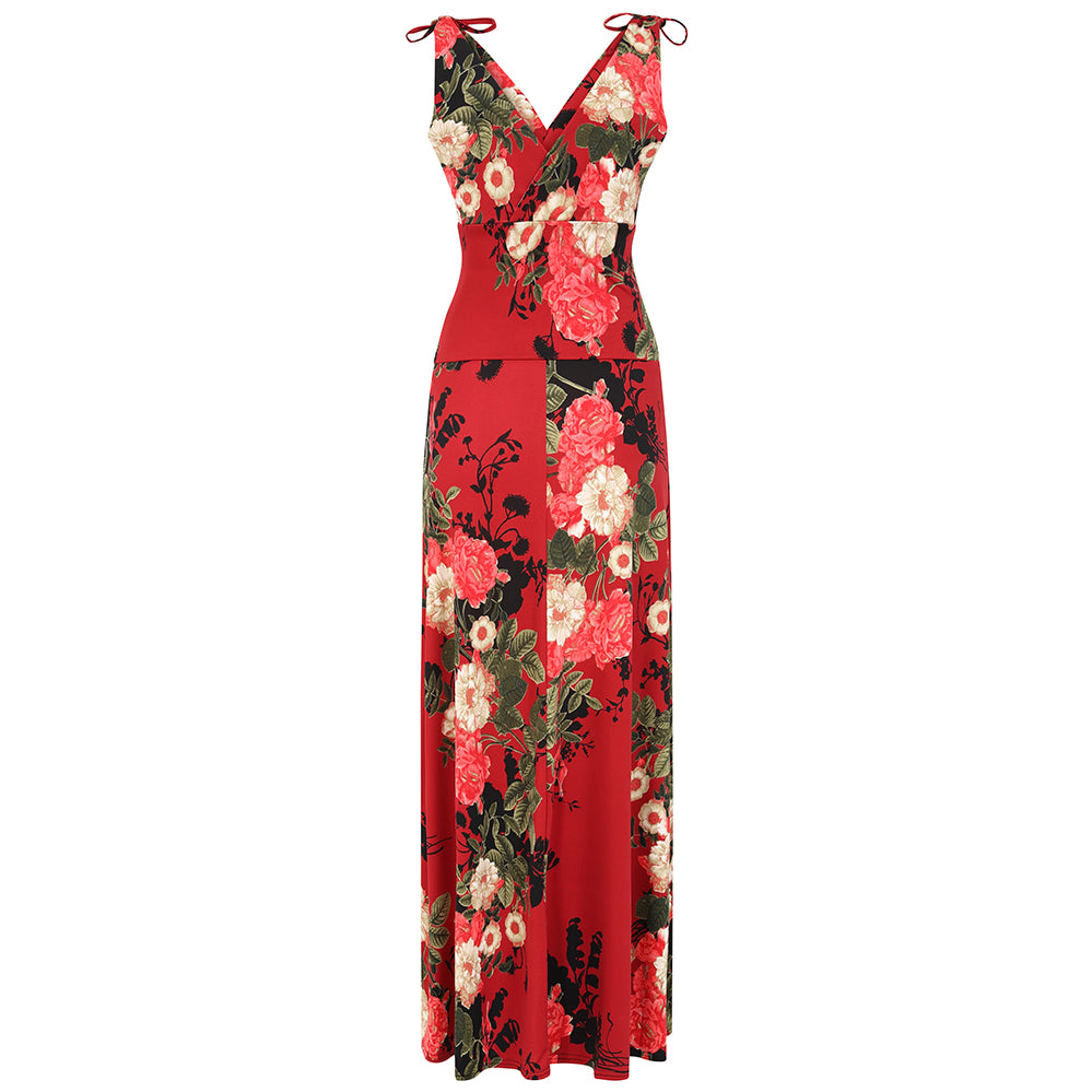 Wine Red Floral Print Slinky Summer Maxi Dress