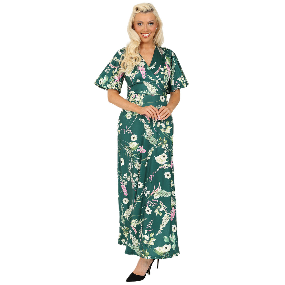 Green Floral Print Waterfall Sleeve Maxi Dress