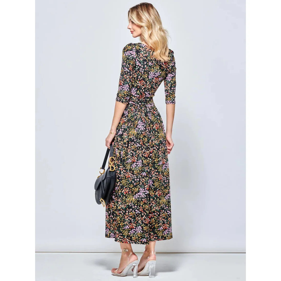 Jolie Moi Vintage 1 2 Sleeve Black Ditsy Print Jersey Dress