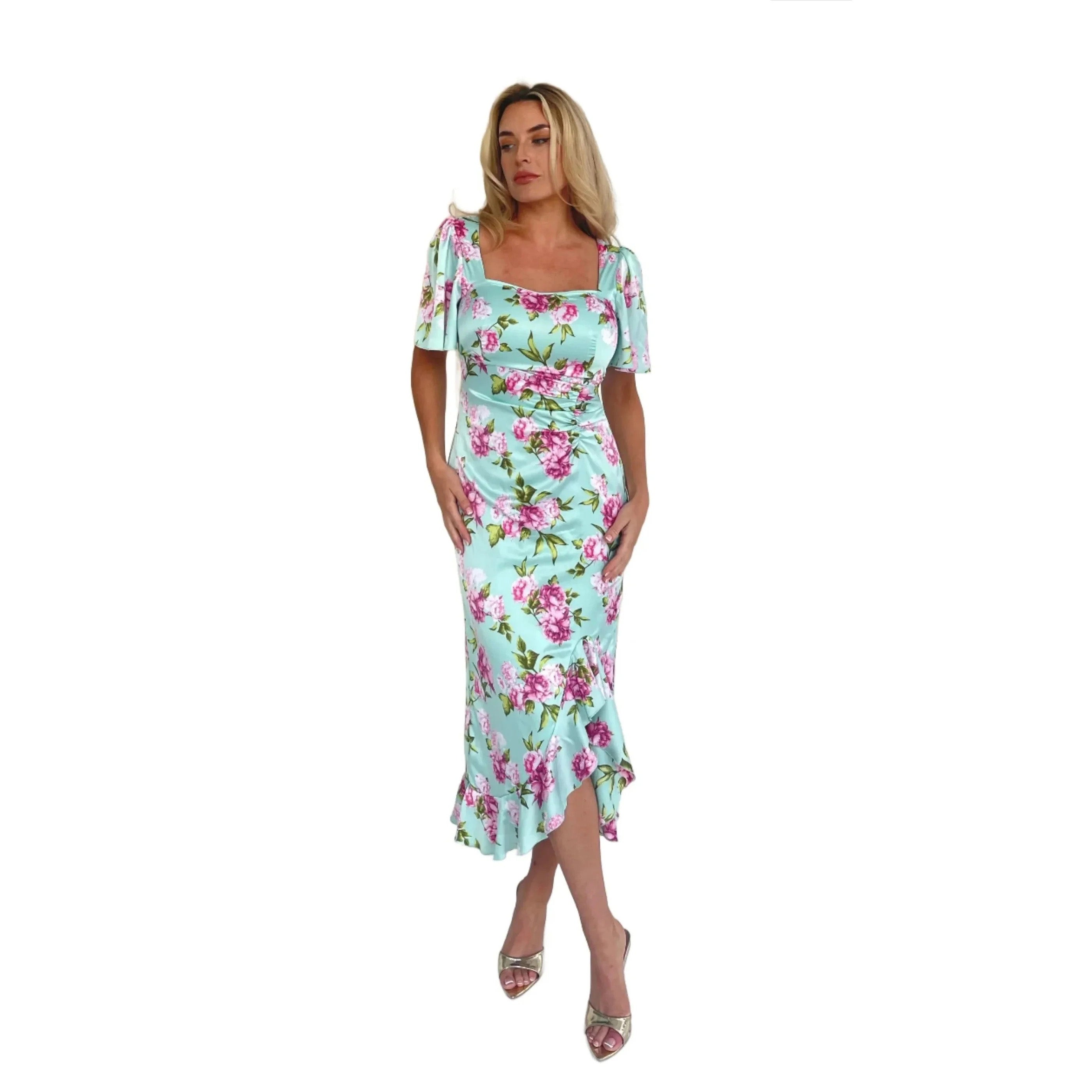 Mint Green & Pink Floral Satin Ruched Midi Dress With Sweetheart Neckl ...