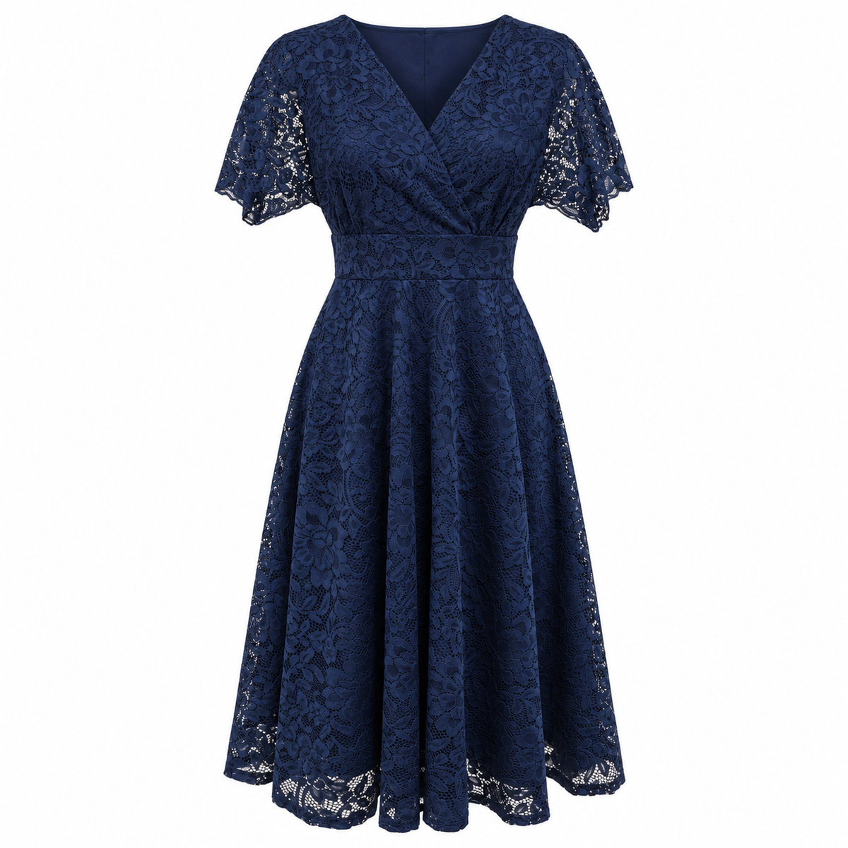 Navy Blue Rose Floral Lace Vintage Style Fit and Flare Dress
