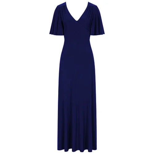 Navy Blue Waterfall Sleeve Cocktail Maxi Dress