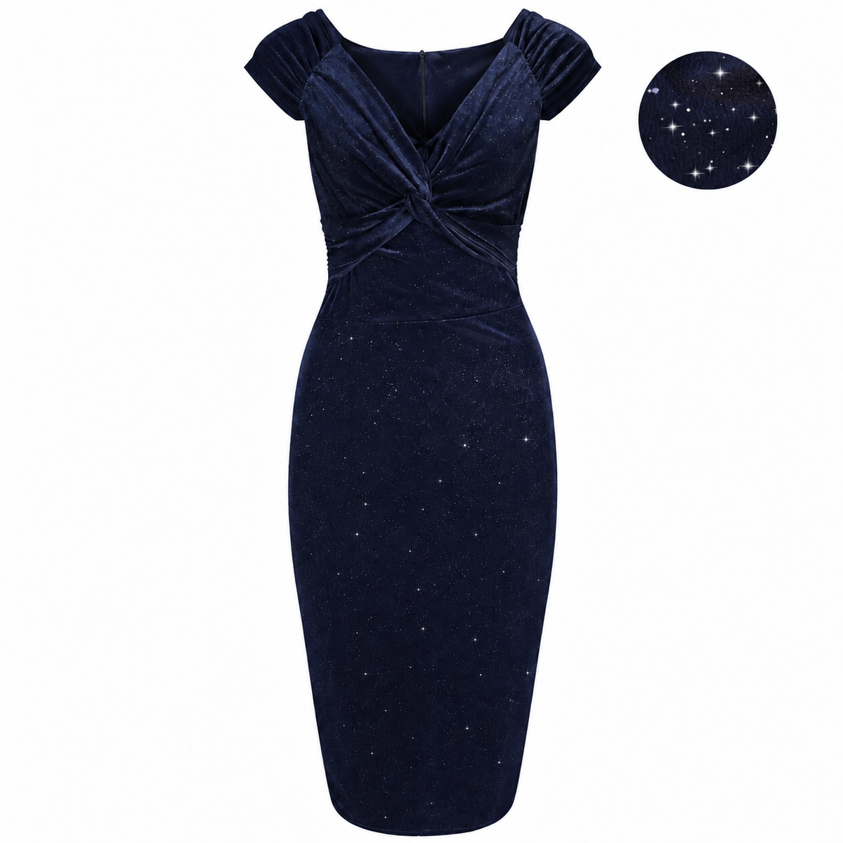 1950s Vintage Style Navy Glitter V Neck Knee Length Occasion Wiggle Dress