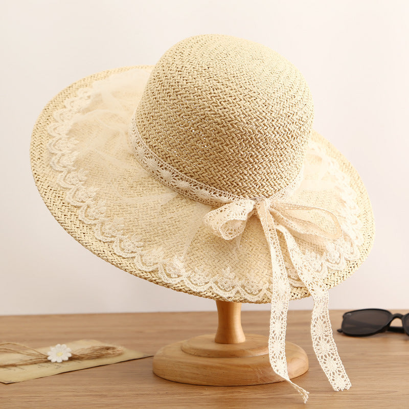 Ivory Wide Brim Straw Sun Hat with Delicate Lace Trim
