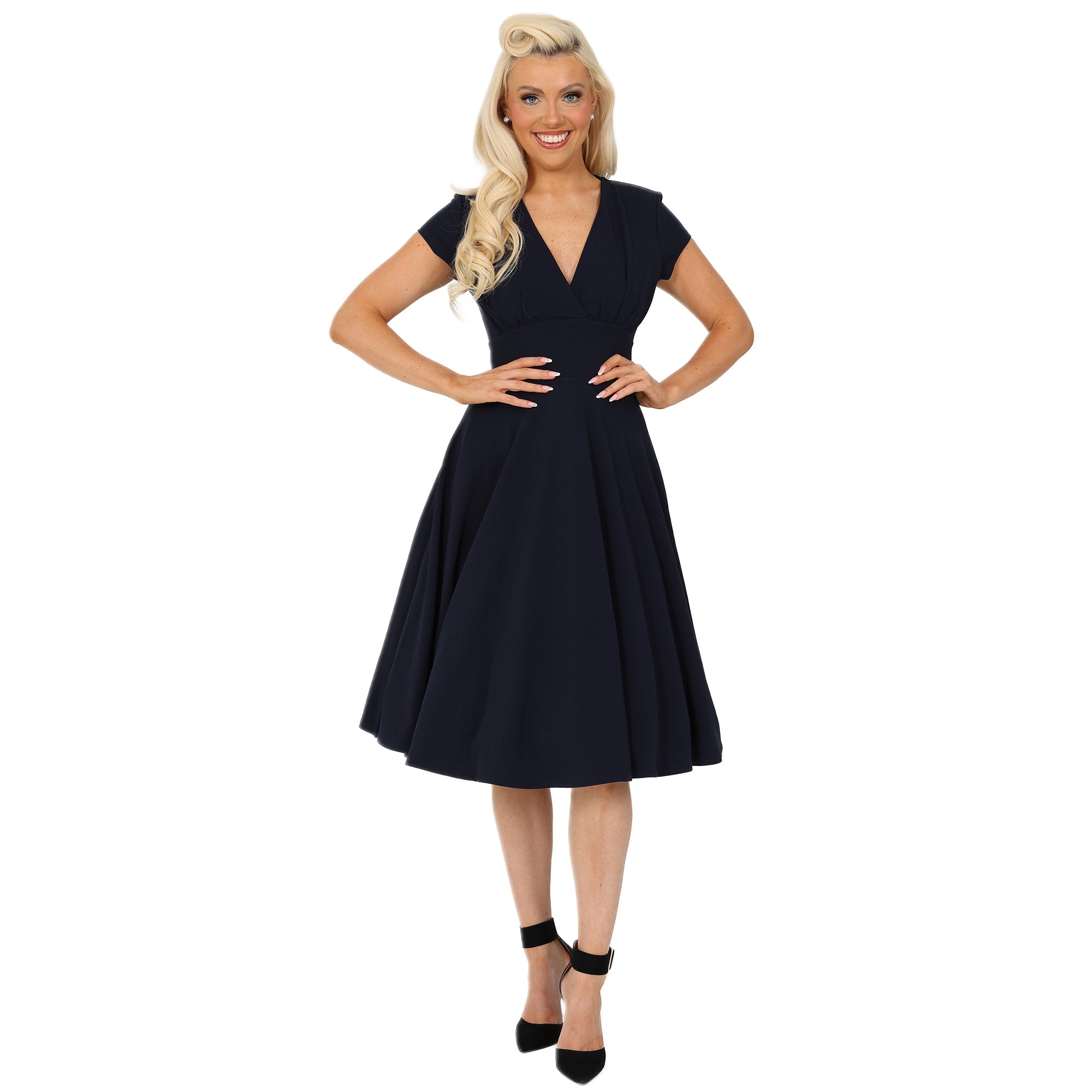 Navy Blue Vintage A Line Crossover Capped Sleeve Tea Swing Dress