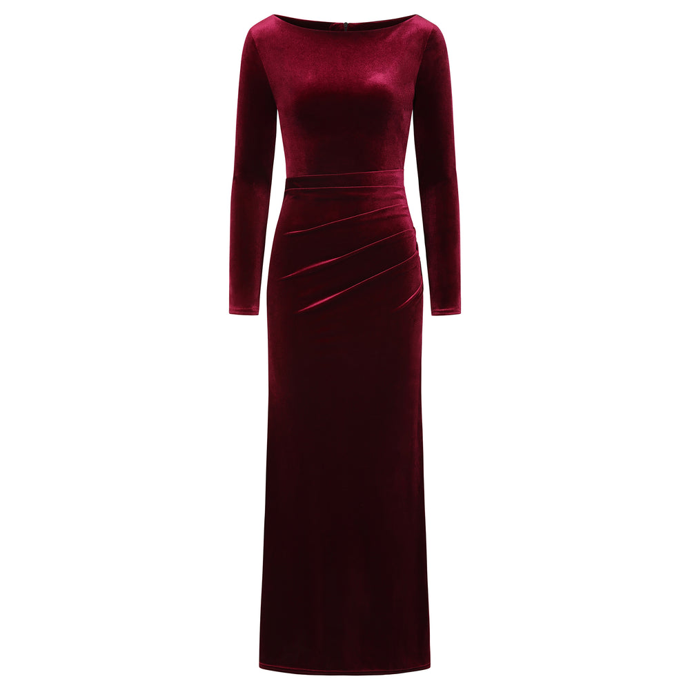 Claret Wine Red Long Sleeve Boatneck Bodycon Velour Maxi Dress