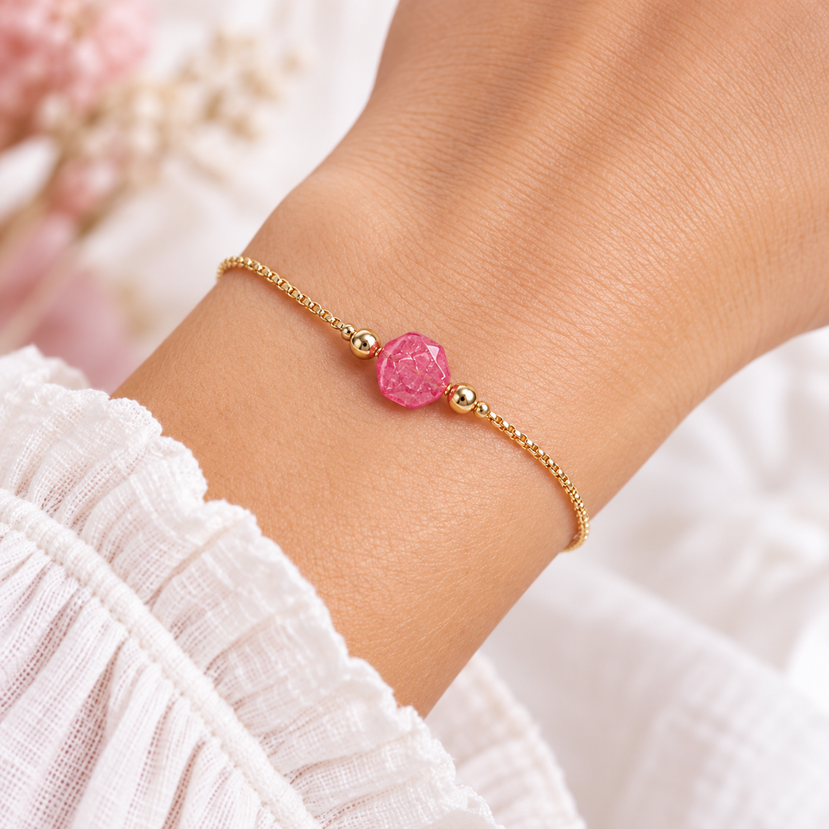 Gold-Tone Pink Jewel Adjustable Bracelet