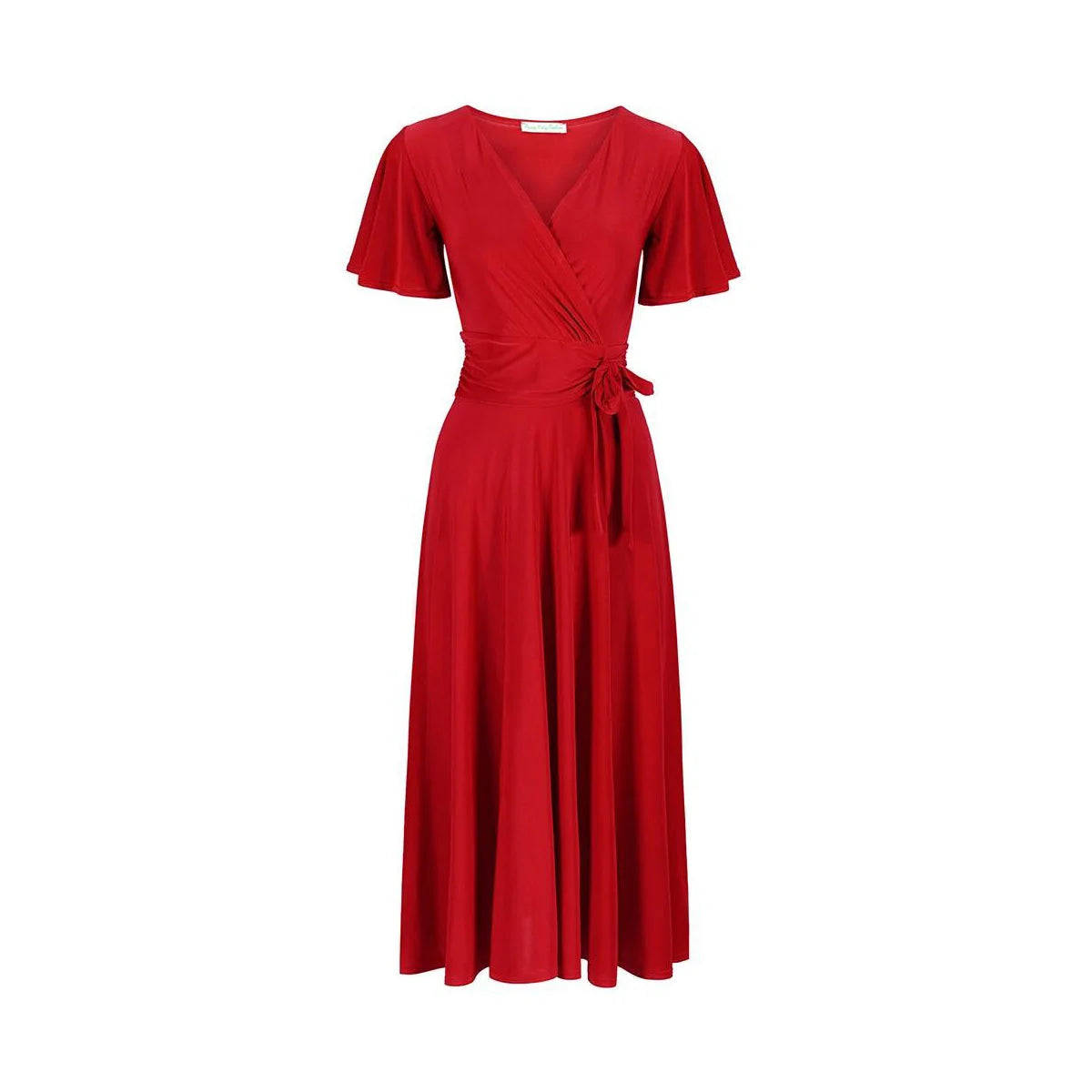 Red Cap Sleeve Crossover V Neck Wrap Top Swing Dress - Pretty Kitty Fashion