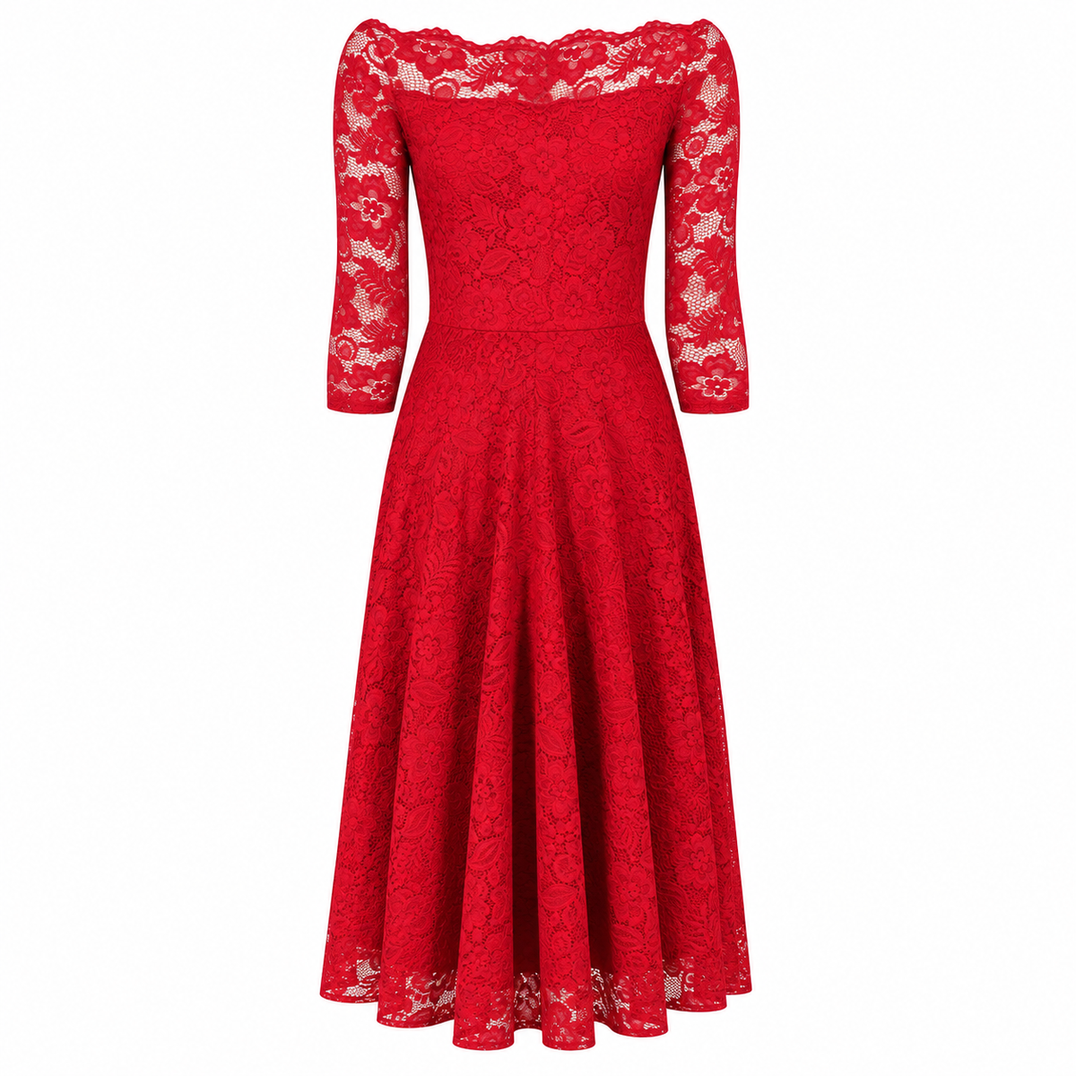 Red Lace Vintage Style Swing Dress With 3/4 Sleeves & Boat Neck
