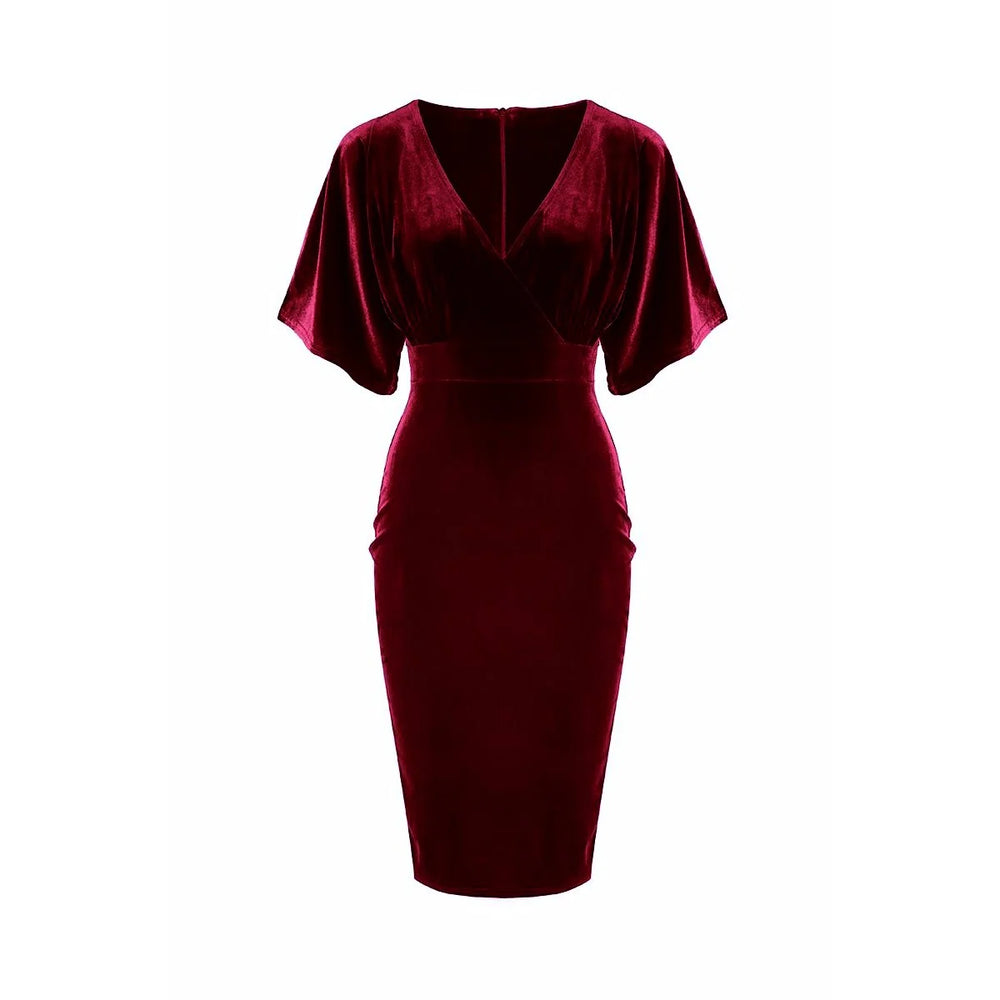 Wine Red Velour Half Batwing Sleeve Crossover Top Wiggle Dress - Pretty Kitty Fashion