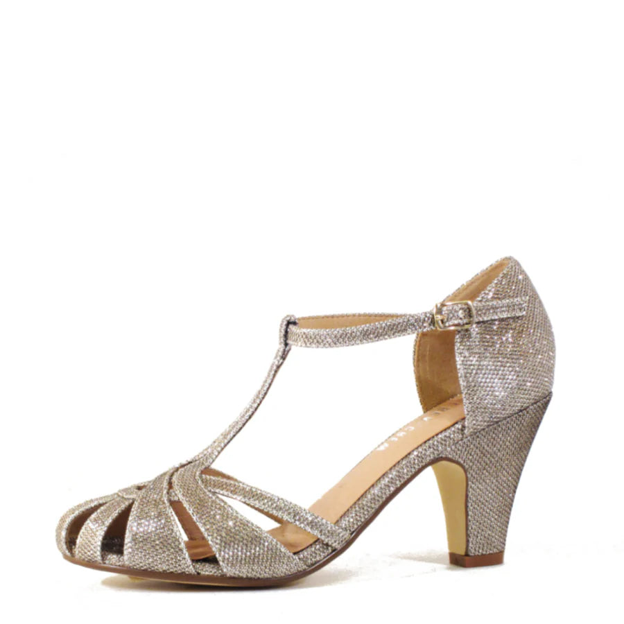 Chelsea Crew Gold Sparkle T Strap Heels