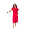 Red Wrapover Thigh Split Midi Dress w/ Batwing Sleeves & Elastic Waist