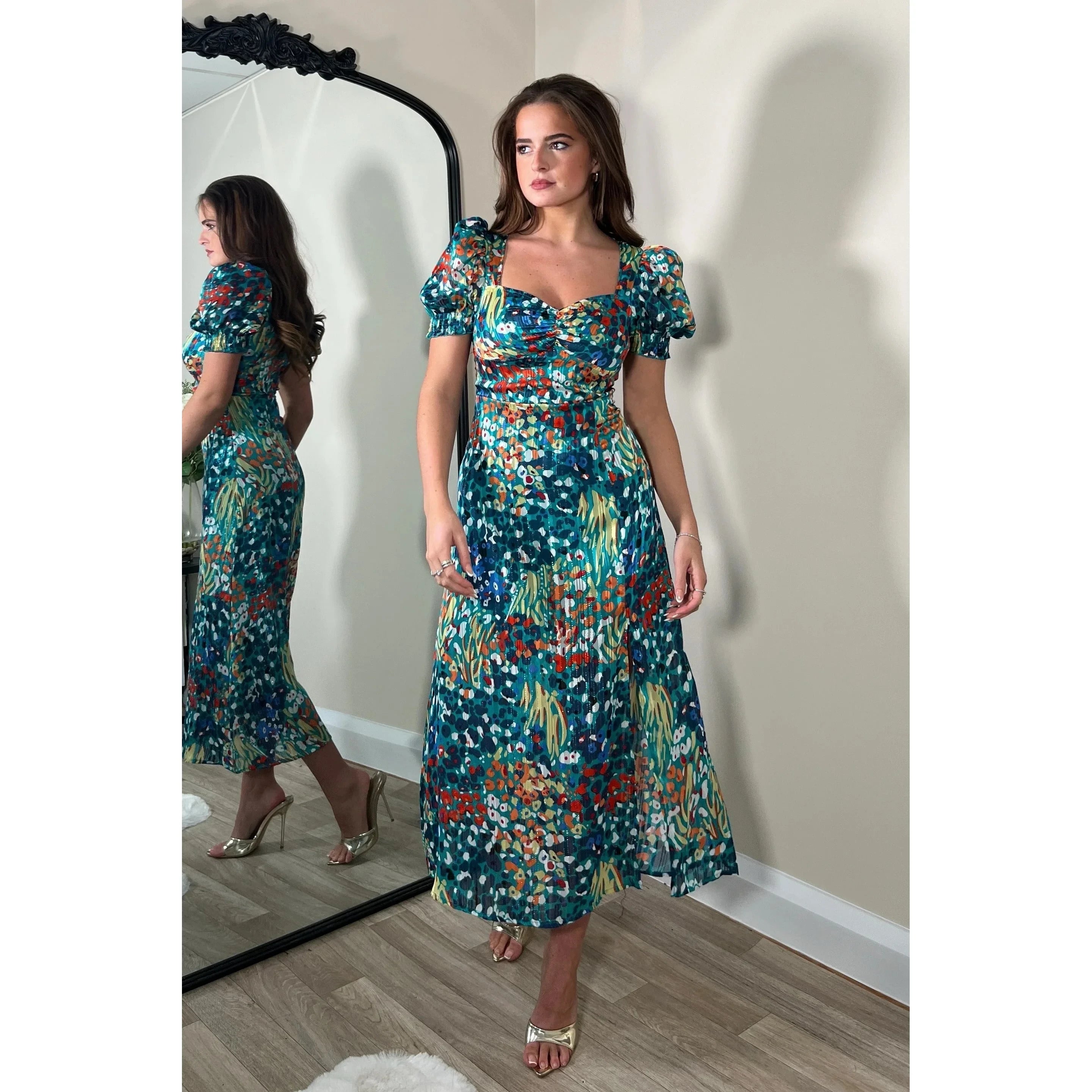 Multicoloured Flora Midi Dress With Sweetheart Neckline & Puff Sleeves
