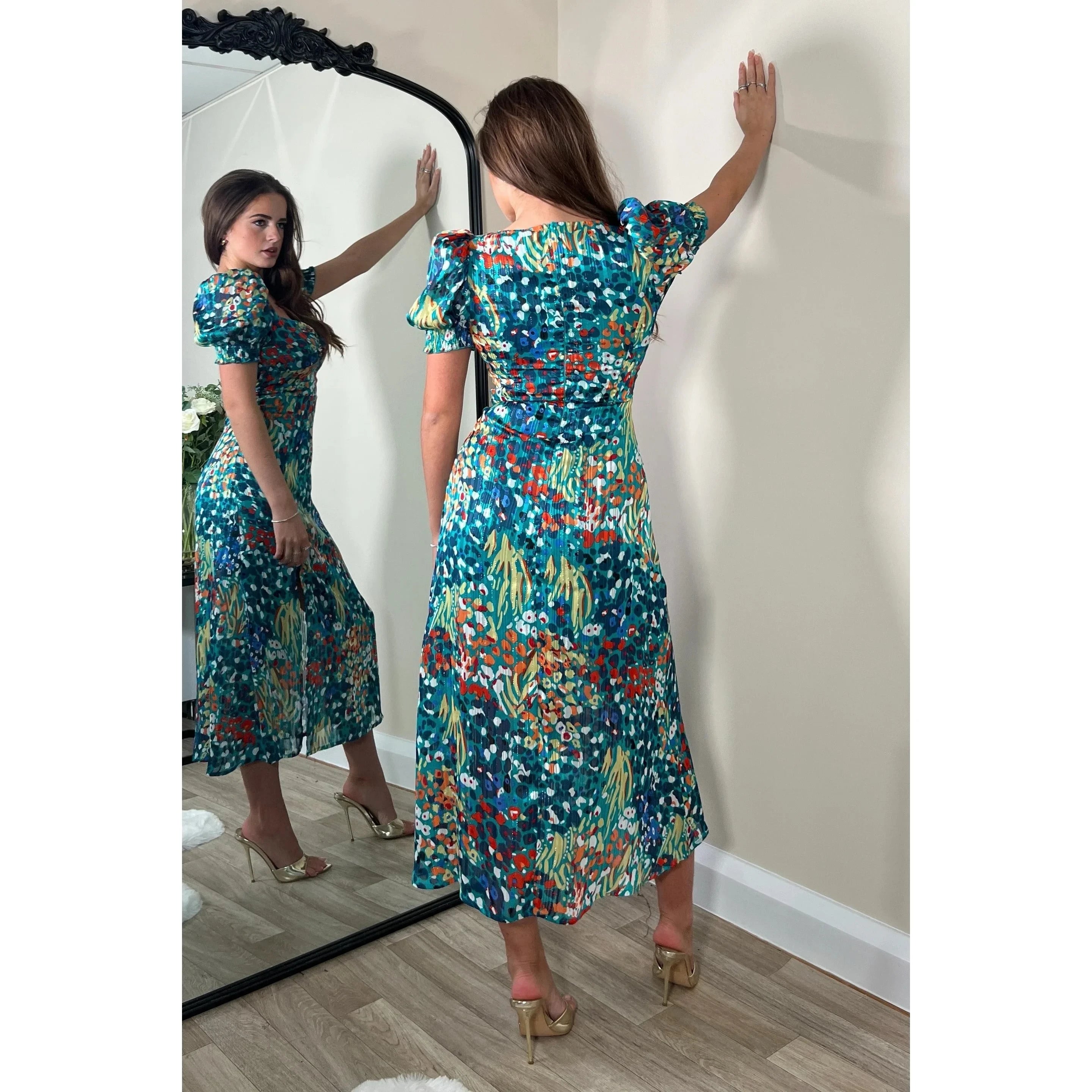 Multicoloured Flora Midi Dress With Sweetheart Neckline & Puff Sleeves