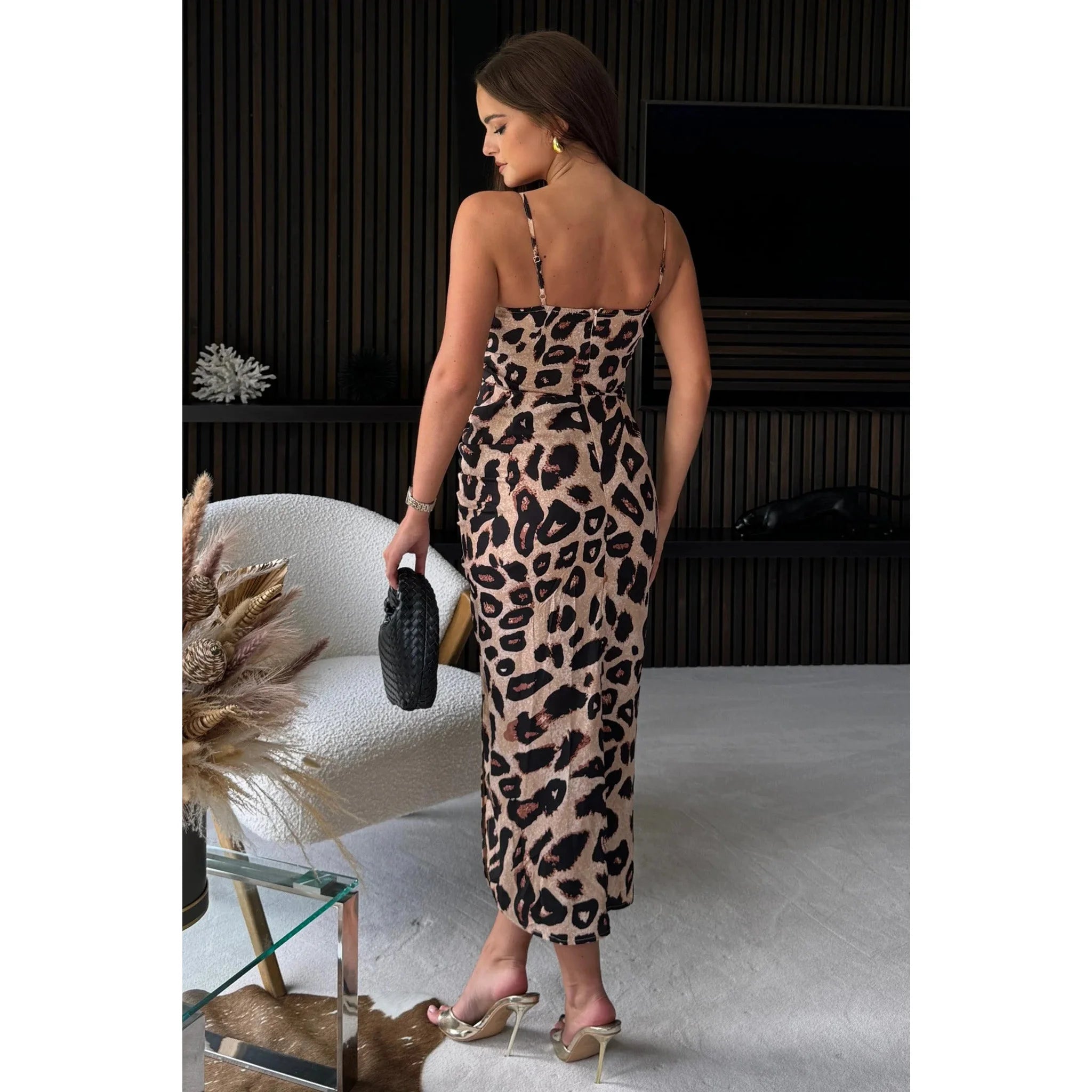 Leopard Print Ruched Midi Strap Dress