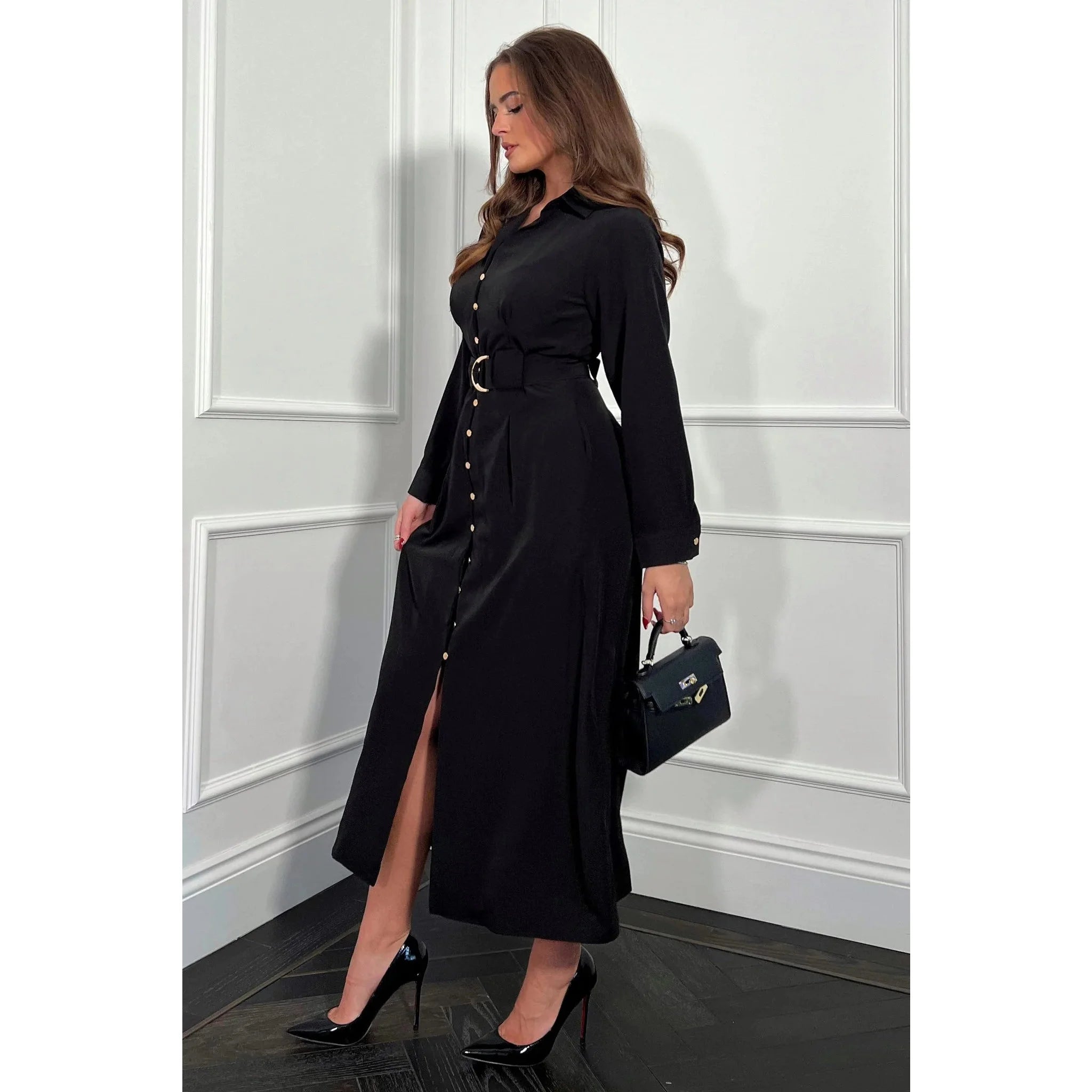 Black Buckle Detail Long Sleeve Midi Shirt Dress