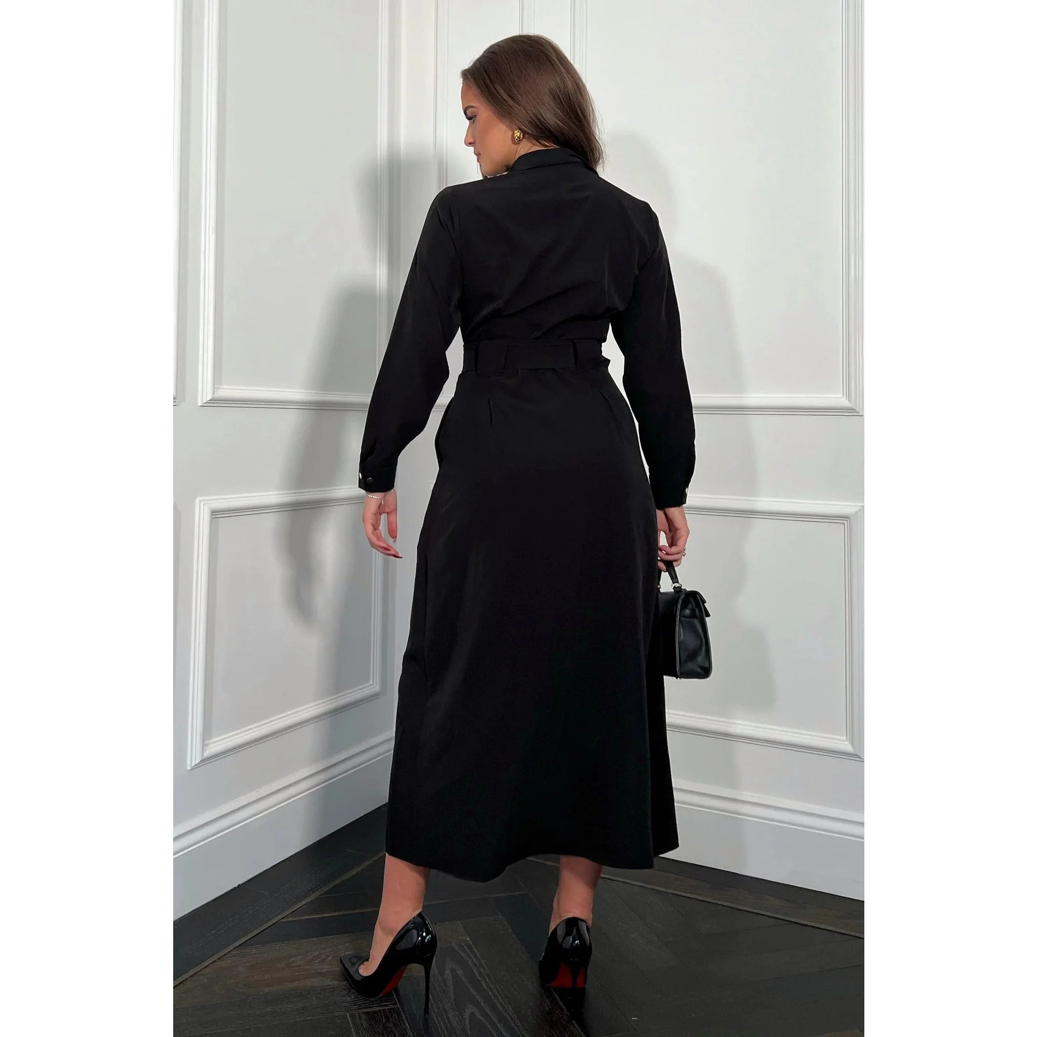 Black Buckle Detail Long Sleeve Midi Shirt Dress